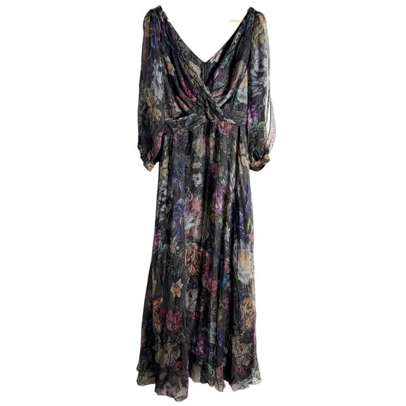 Marchesa Notte Metallic Floral Print Pleated Tulle V-Neck Cocktail Gown Size 8 - Picture 5 of 16